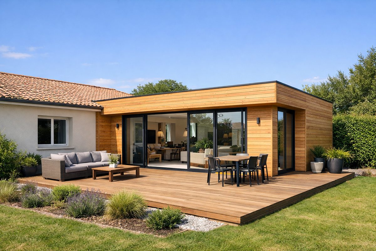 Extension ossature bois toiture plate